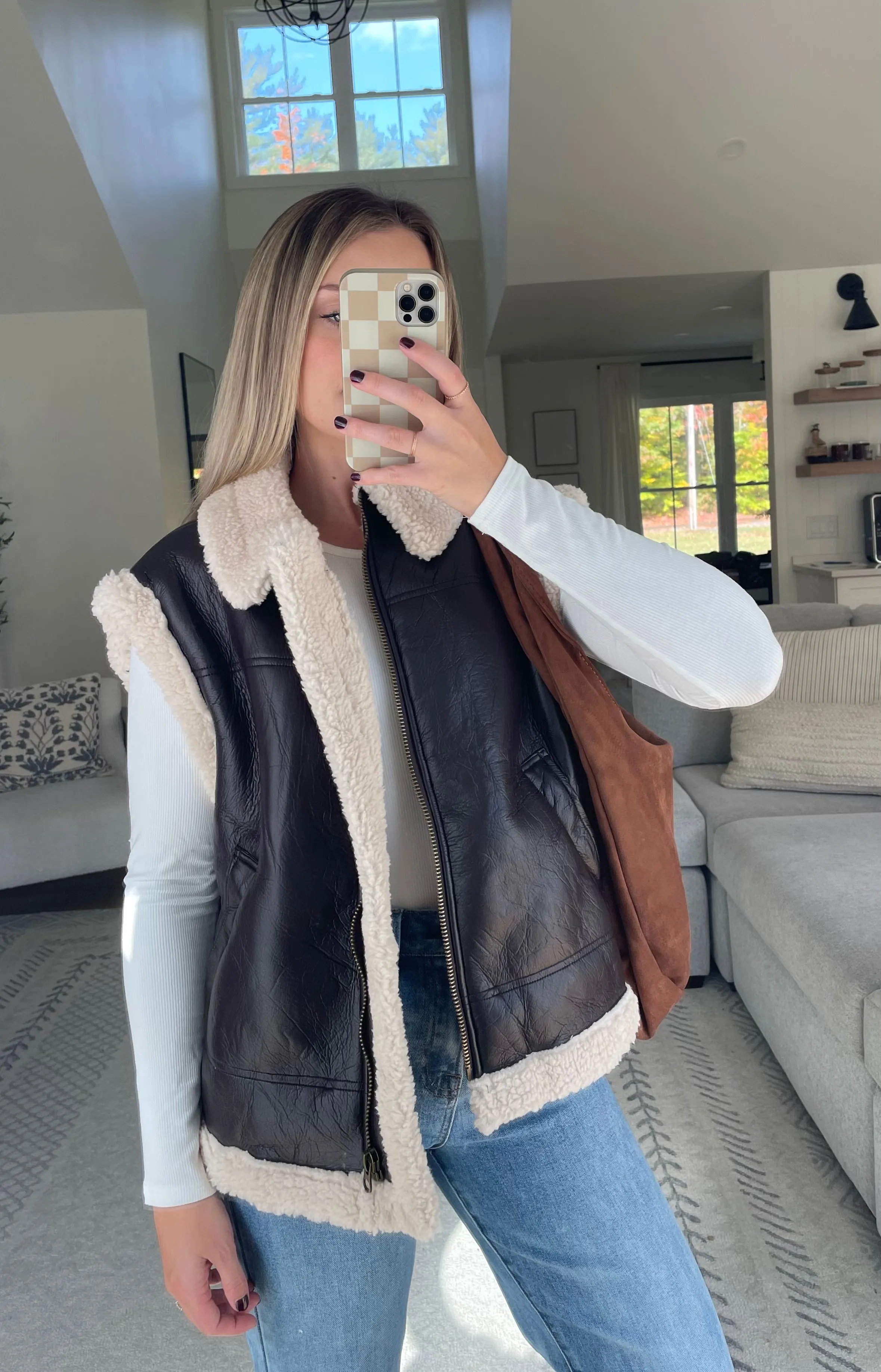 Chocolate Faux Leather Shearling Vest