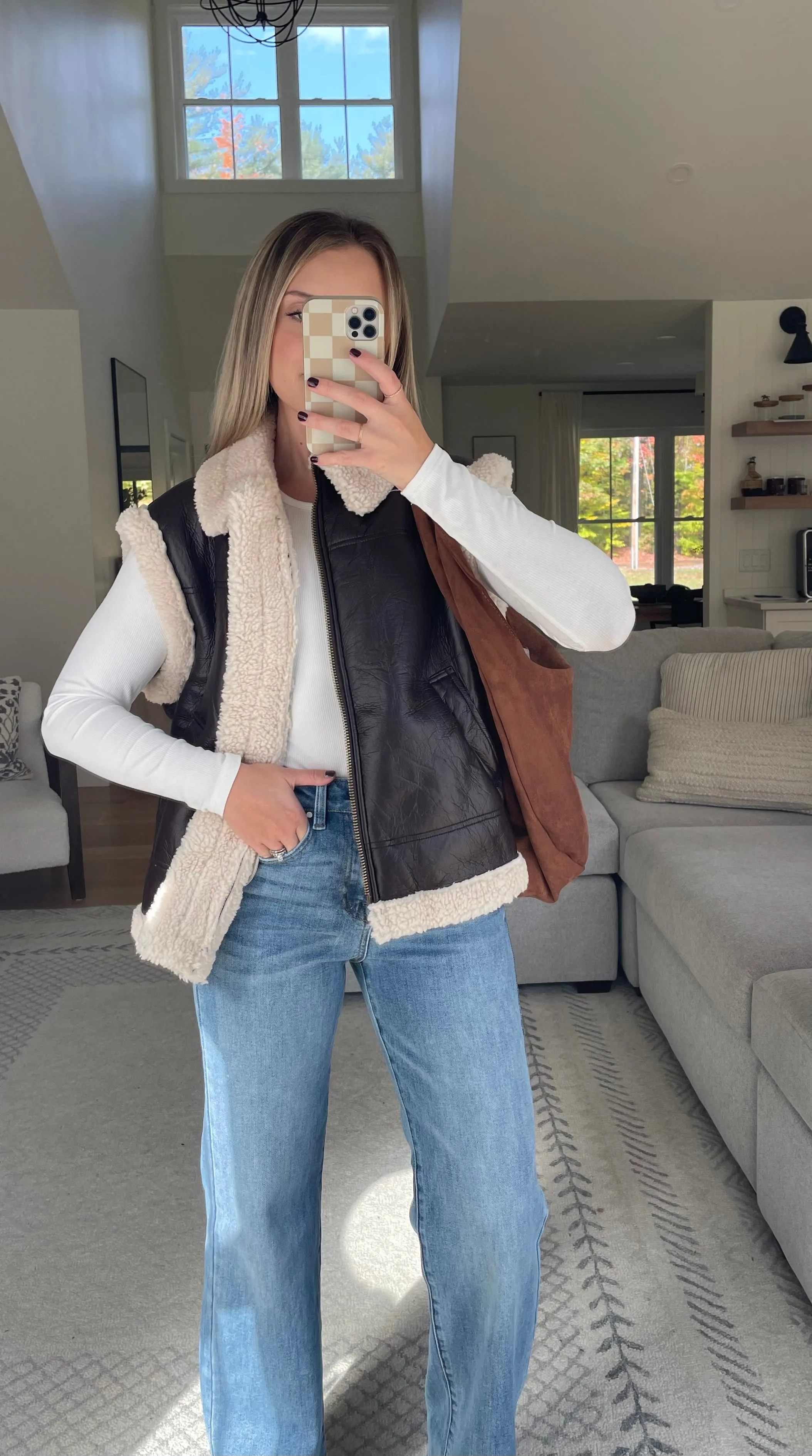Chocolate Faux Leather Shearling Vest