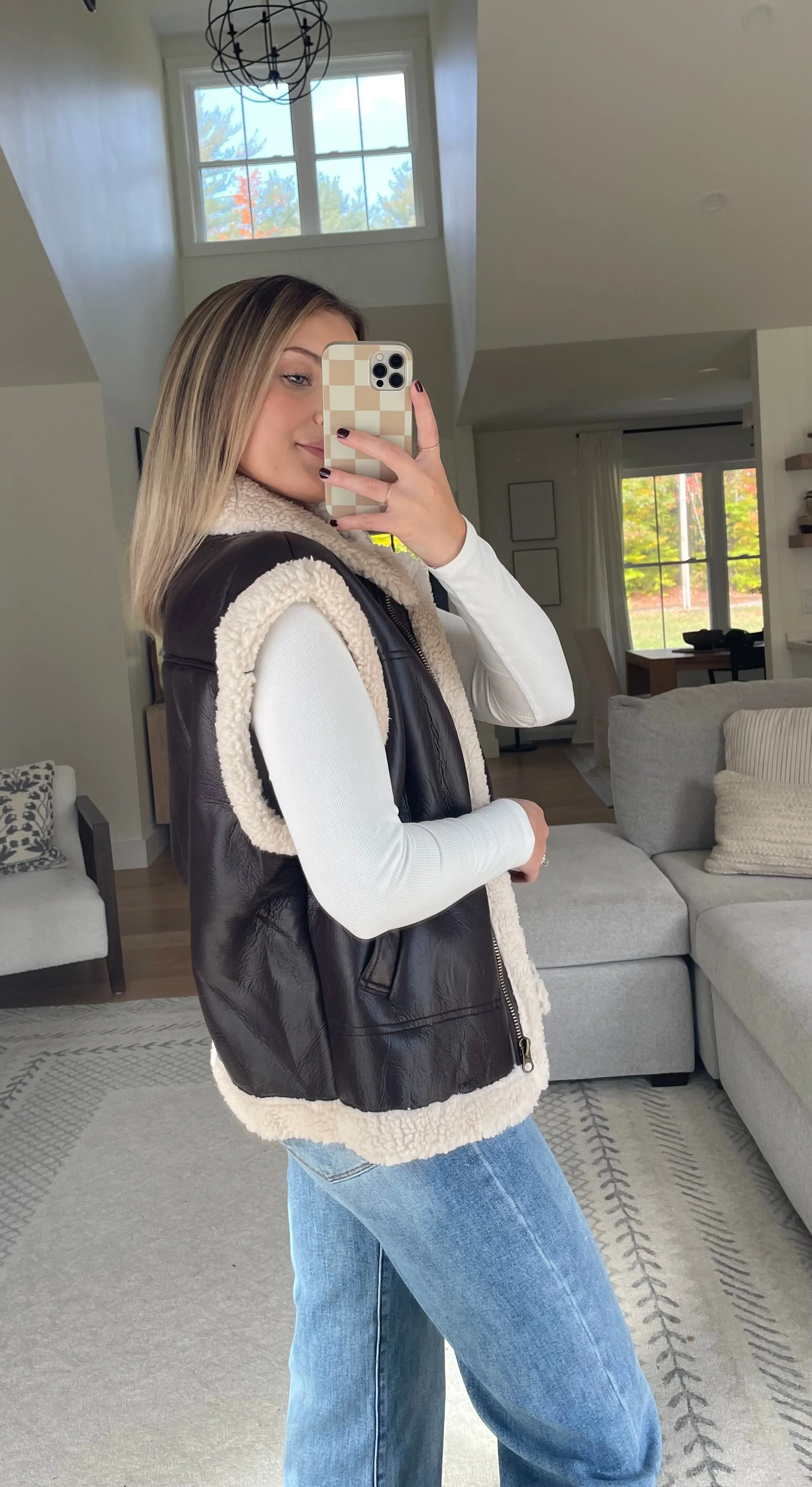 Chocolate Faux Leather Shearling Vest