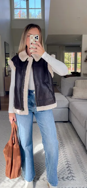 Chocolate Faux Leather Shearling Vest