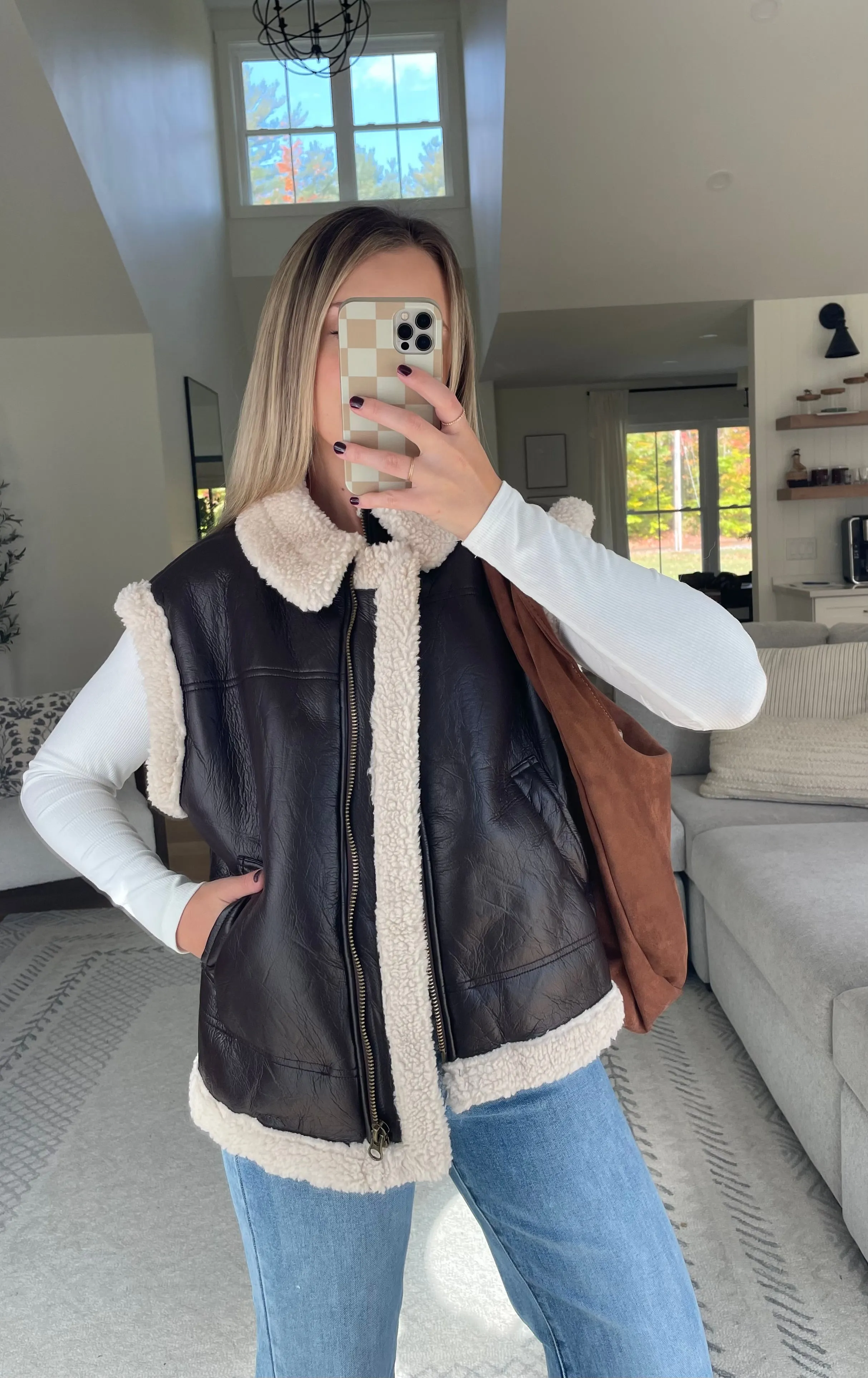 Chocolate Faux Leather Shearling Vest