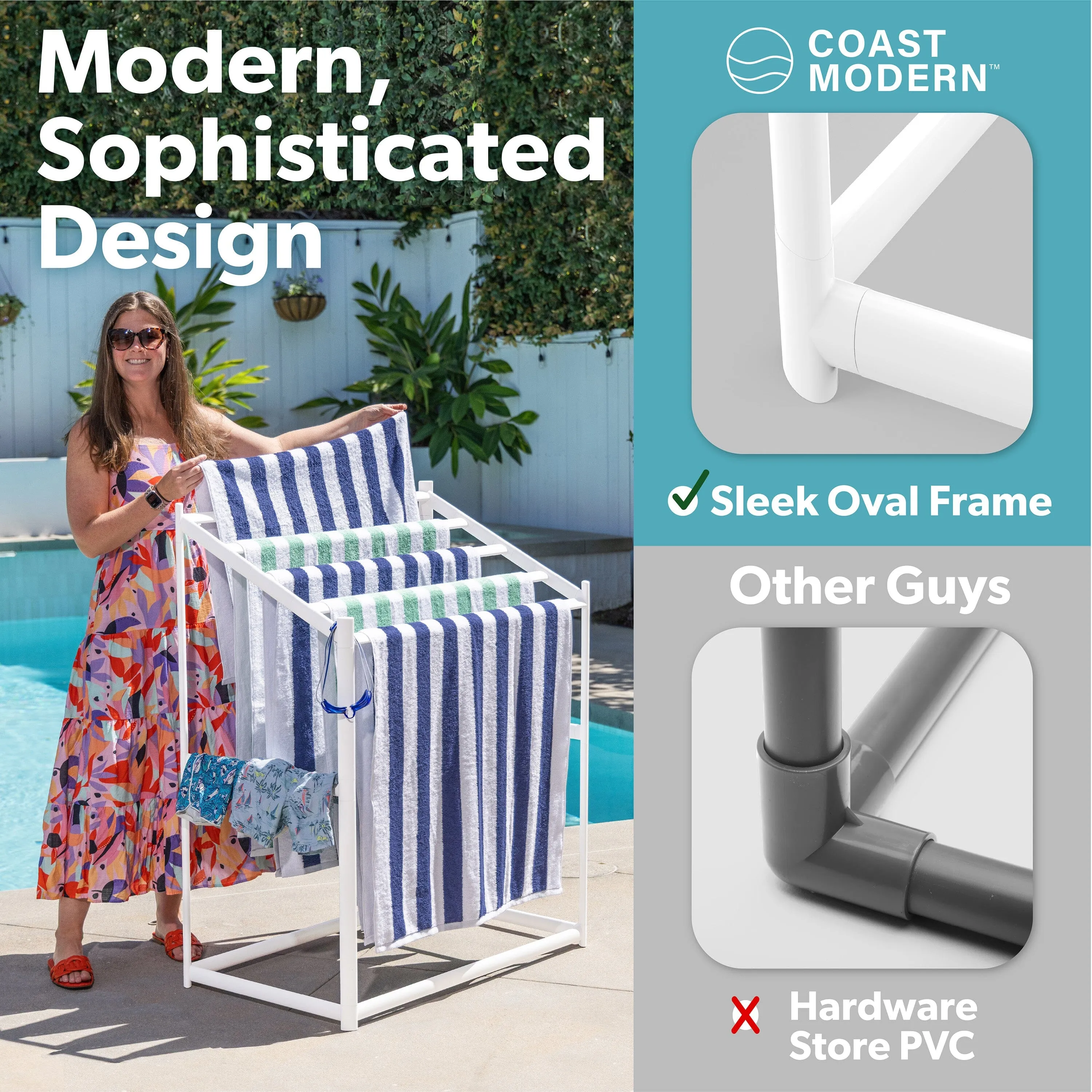 Coast Modern PVC Beach Towel Drying Rack for Pool & Hot Tub - Outdoor & Indoor 5-Tier Modern Design