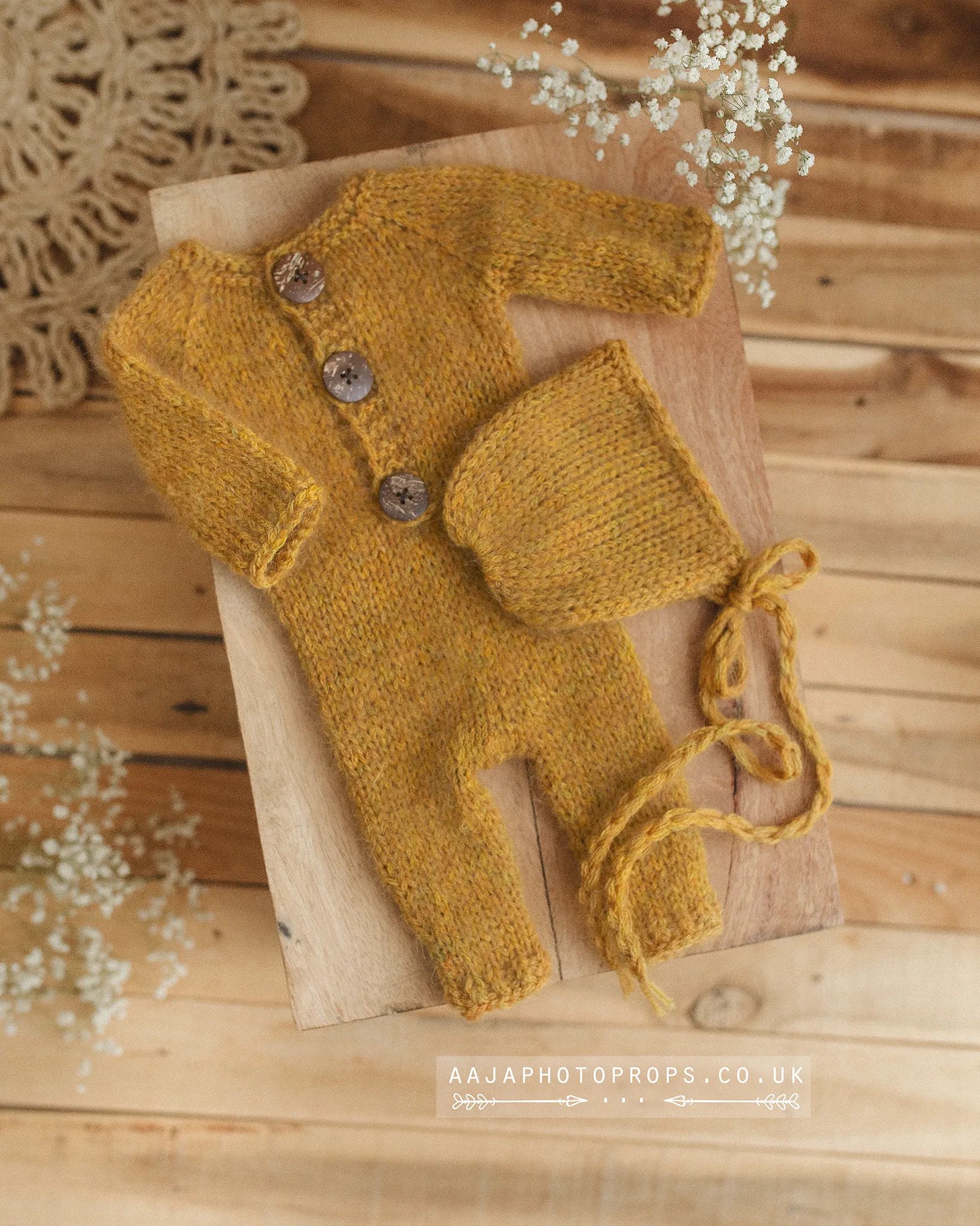 Knitted chunky layer, wrap, hats, velvet bows, romper bundle, mustard yellow, RTS