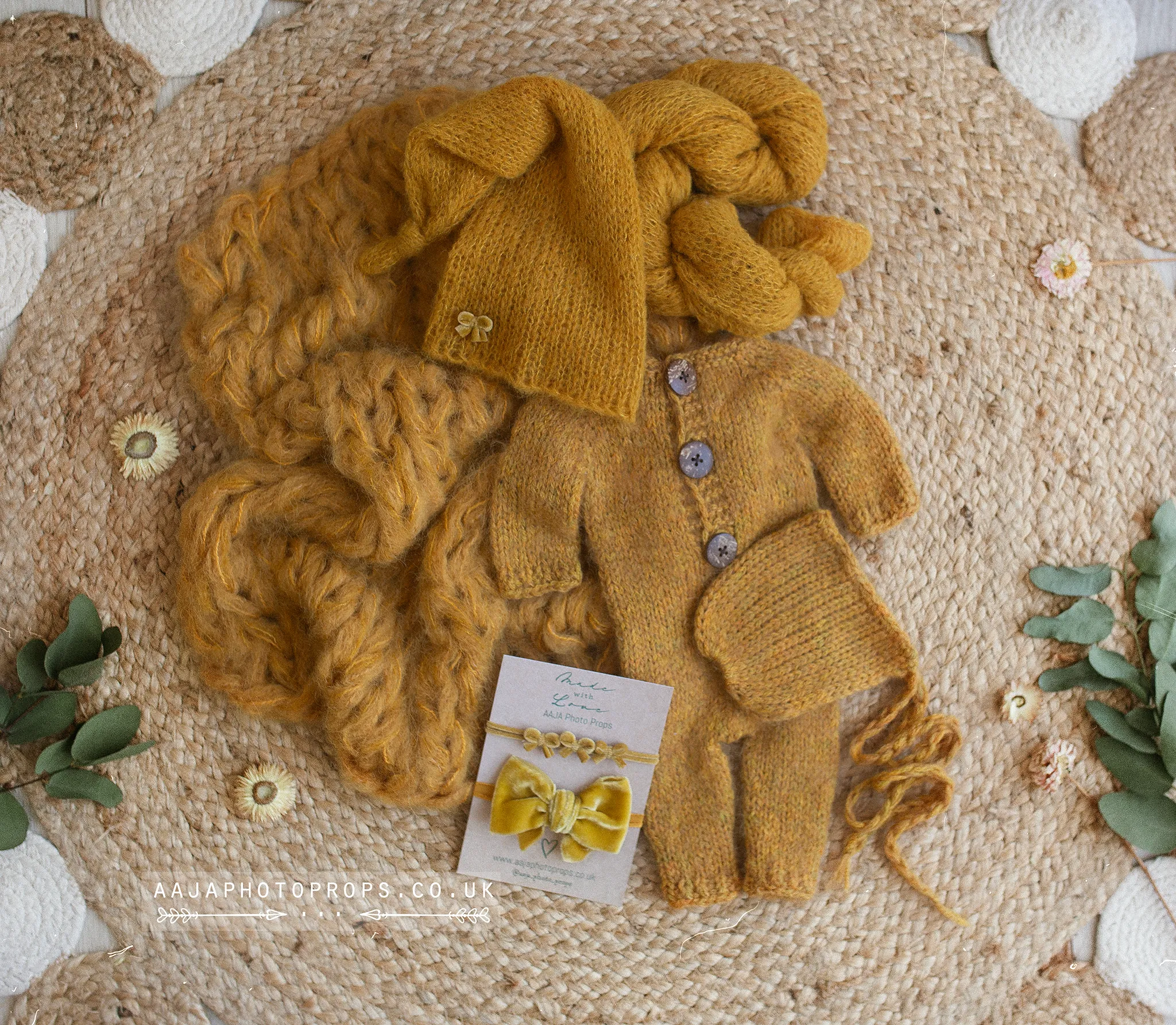 Knitted chunky layer, wrap, hats, velvet bows, romper bundle, mustard yellow, RTS