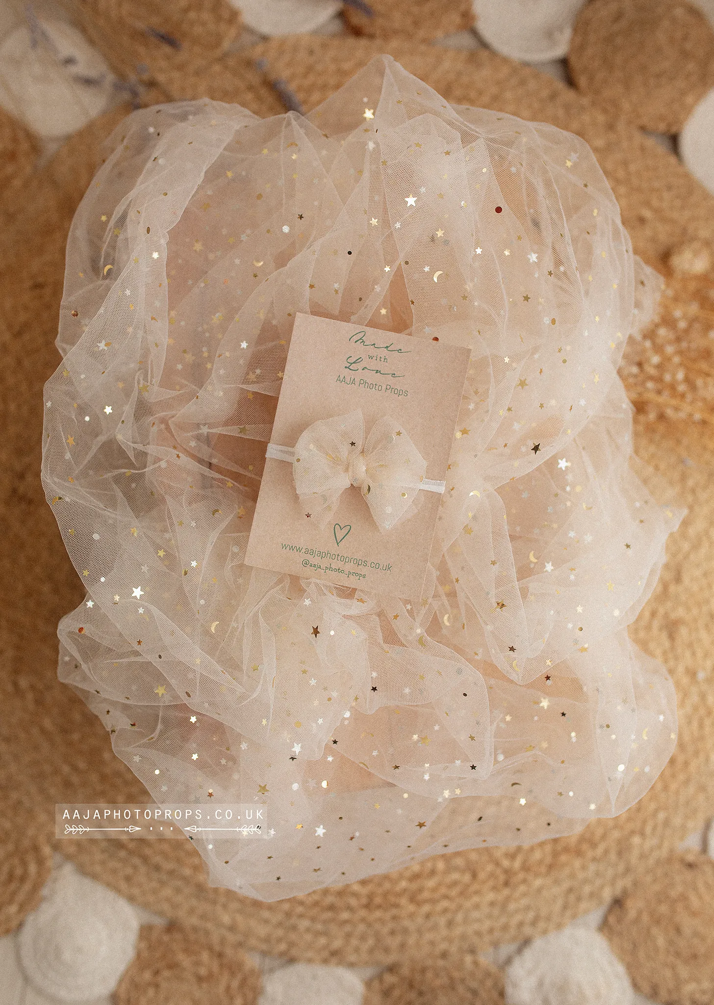 Large Christmas star moon tulle layer, bow tieback, cream, RTS